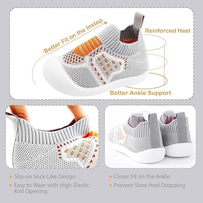 ZONEY Baby Shoes Toddler First Walking Shoes Infant Sneakers Breathable Knitted Mesh Grey and Orange - Image 4