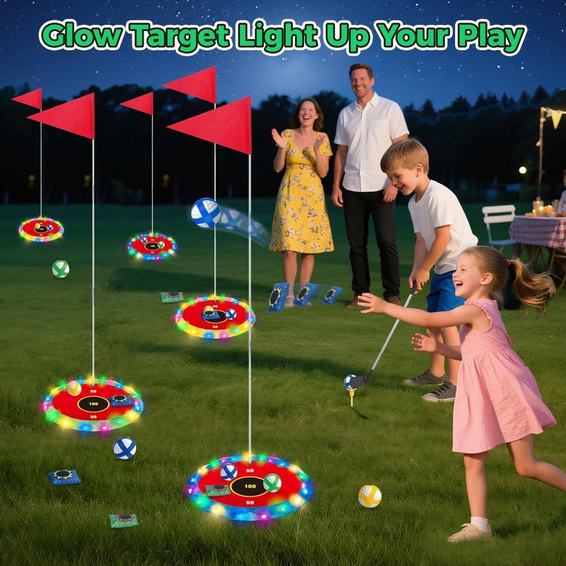 VATOS 2-in-1 Light up Golf for Kids- Golf Chipping Game & Bean Bag Toss with 6 LED Targets, 2 Clubs, 18 Balls, Night Golfs Play for Indoor Outdoor Party Yard Golfer Gifts Sports Toys for Kids 5-12 - Image 3