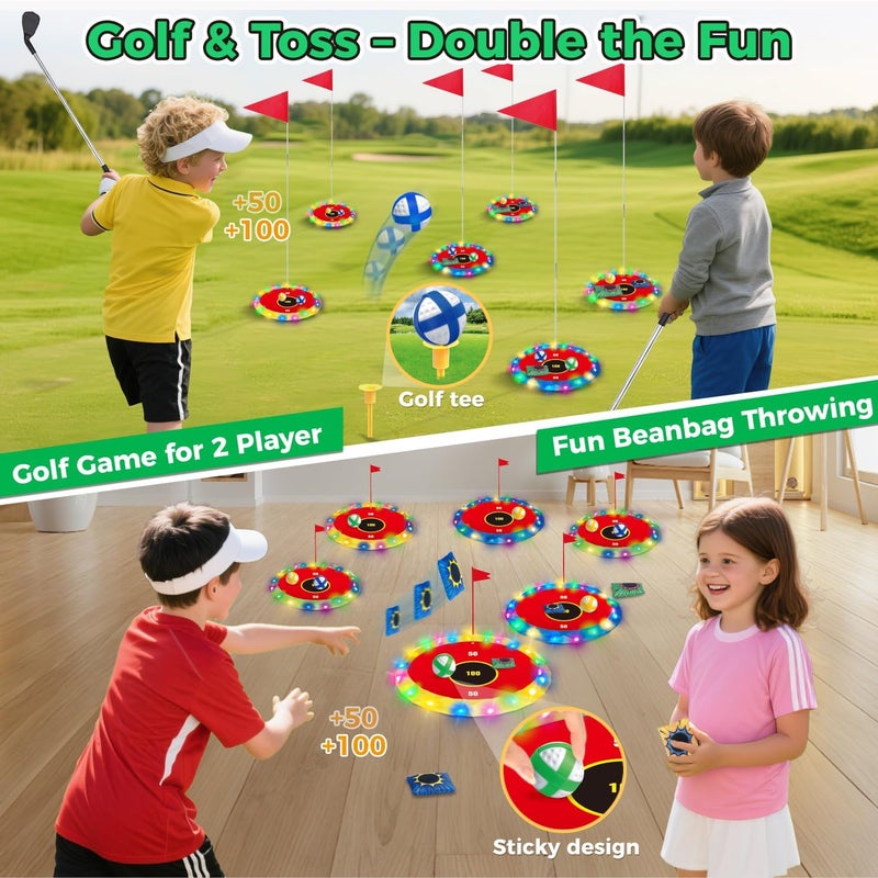 VATOS 2-in-1 Light up Golf for Kids- Golf Chipping Game & Bean Bag Toss with 6 LED Targets, 2 Clubs, 18 Balls, Night Golfs Play for Indoor Outdoor Party Yard Golfer Gifts Sports Toys for Kids 5-12 - Image 2