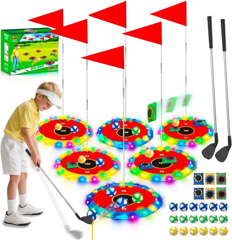 VATOS 2-in-1 Light up Golf for Kids- Golf Chipping Game & Bean Bag Toss with 6 LED Targets, 2 Clubs, 18 Balls, Night Golfs Play for Indoor Outdoor Party Yard Golfer Gifts Sports Toys for Kids 5-12 - Image 1