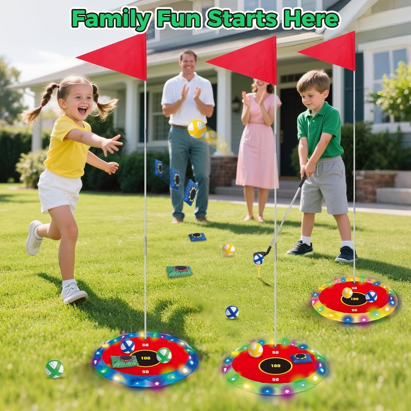 VATOS 2-in-1 Light up Golf for Kids- Golf Chipping Game & Bean Bag Toss with 6 LED Targets, 2 Clubs, 18 Balls, Night Golfs Play for Indoor Outdoor Party Yard Golfer Gifts Sports Toys for Kids 5-12 - Image 4