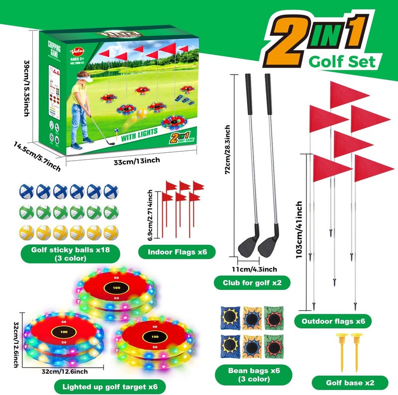 VATOS 2-in-1 Light up Golf for Kids- Golf Chipping Game & Bean Bag Toss with 6 LED Targets, 2 Clubs, 18 Balls, Night Golfs Play for Indoor Outdoor Party Yard Golfer Gifts Sports Toys for Kids 5-12 - Image 5