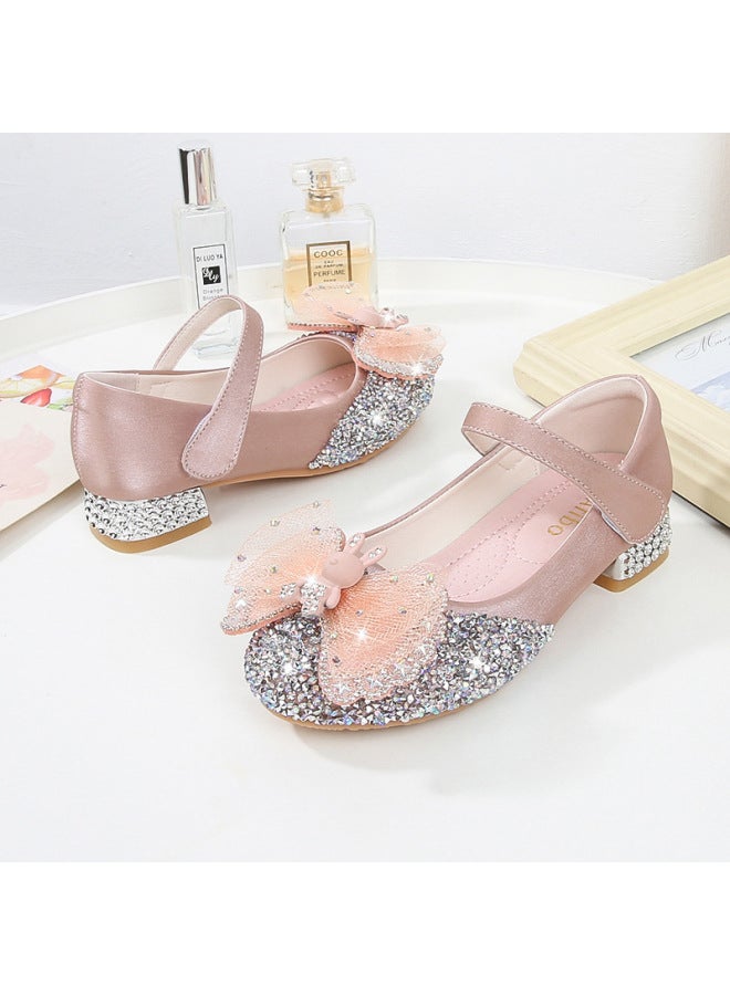 Children's Leather Shoes Summer New Rhinestone Girls' Princess Shoes High Heel Small Middle And Big Children Student Little Girl Single Shoes