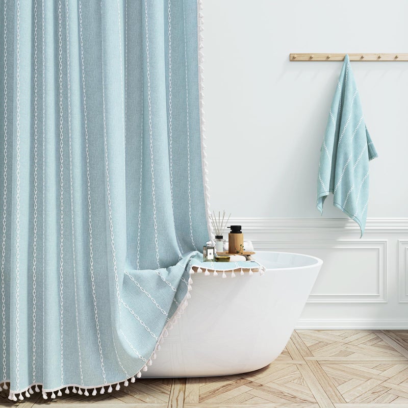 BTTN Boho Farmhouse Shower Curtain, Linen Rustic Weighted Striped Fabric Shower Curtain with Tassel, Water Repellent, Modern Bohemian Vintage Cloth Shower Curtains for Bathroom, Fog Blue, 72x72 - Image 1