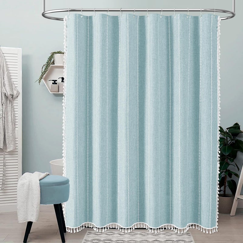 BTTN Boho Farmhouse Shower Curtain, Linen Rustic Weighted Striped Fabric Shower Curtain with Tassel, Water Repellent, Modern Bohemian Vintage Cloth Shower Curtains for Bathroom, Fog Blue, 72x72 - Image 2