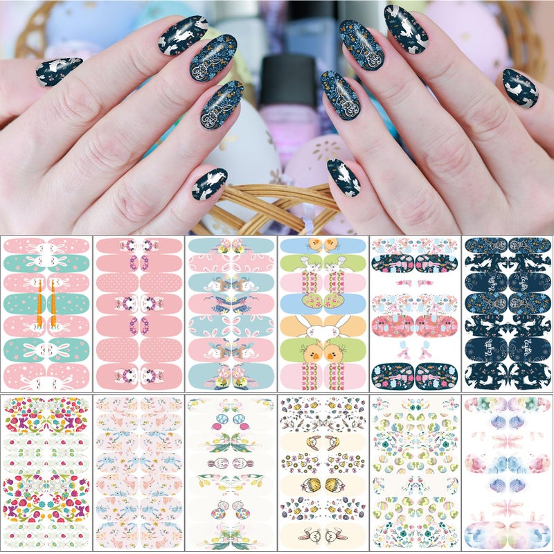 winthrop 12 Sheets Easter Nail Wraps Full Stickers Nail Polish Strips DIY SelfAdhesive Nail Art Decals Color Easter Eggs Bunny Rabbit Pattern Party Decor with 2 Pcs Nail Files 168 Pieces - Image 3