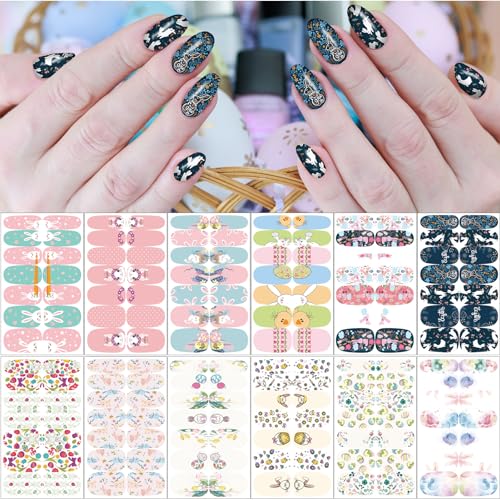winthrop 12 Sheets Easter Nail Wraps Full Stickers Nail Polish Strips DIY SelfAdhesive Nail Art Decals Color Easter Eggs Bunny Rabbit Pattern Party Decor with 2 Pcs Nail Files 168 Pieces - Image 1