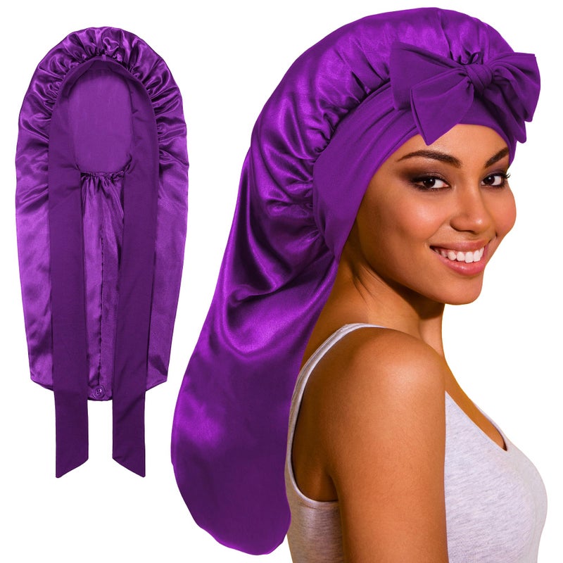ROYBENS Long Bonnet Satin Hair Silk Bonnet for Sleeping Women, Silky Bonnets for Women with Tie Band, Sleep Cap for Braids Curly Hair - Image 1