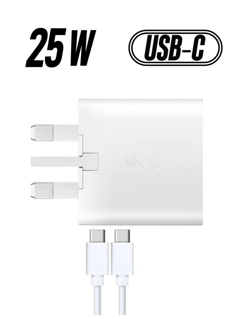 MUNTAQI محول سفر متوافق مع سامسونج المملكة المتحدة، 25 واط مع كابل USB نوع C - أبيض