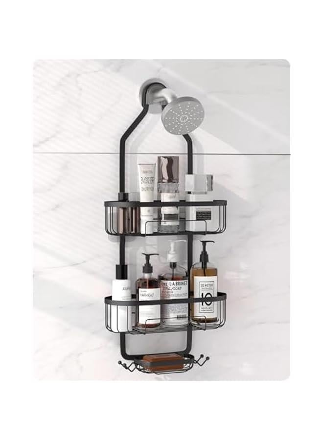 HOOKOR Hanging Shower Caddy, Non Drilling Shower Caddy Over Shower Head with Hooks for Razor and Sponge, Rustproof Shower Racks for Inside Shower for Bathroom & Shower Room(Black) - Image 1