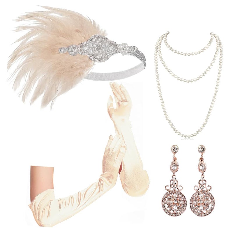 Cizoe 1920s Gatsby Accessories Set for Women Flapper Headband 20s Headpiece Necklace Gloves(c) - Image 1
