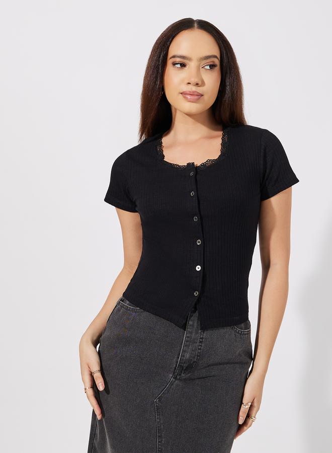 Styli Ribbed Short Sleeve Knit Top with Lace Trim - Image 1