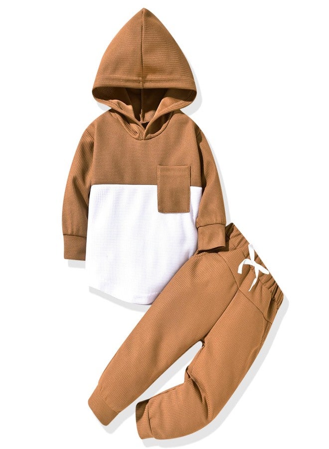 HIHA 4-5T Fall Winter Clothes Waffle Sweatshirt Tops Pant Outfit Color Block Long Sleeve Clothing Brwon - Image 1