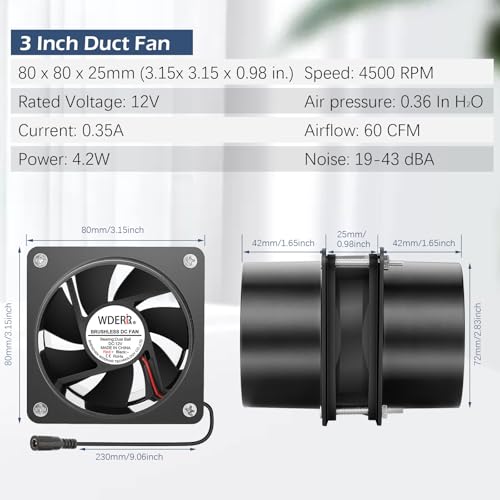 WDERAIR 80mm x 25mm 3 Inch Duct Household Ventilation 12V Exhaust Fan with Speed Controller for DIY Greenhouse 3D Print Smoke Paint Fume Extractor-D8025 - Image 5