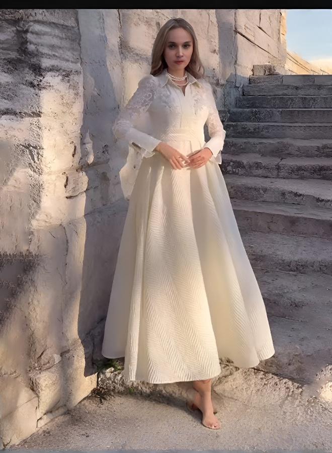 Classic French Long Slim Dress, Handcrafted Lace Design - Image 1