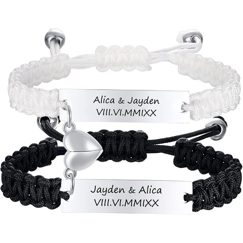 MEALGUET Personalized Couple Bracelets for Men Women : Handmade Custom Engraved Name Plate ID Bracelet Braided Rope His Hers Matching Bracelets for Him Her Bf gf,Valentines Day Gifts for Boyfriend Husband Wife - Image 1