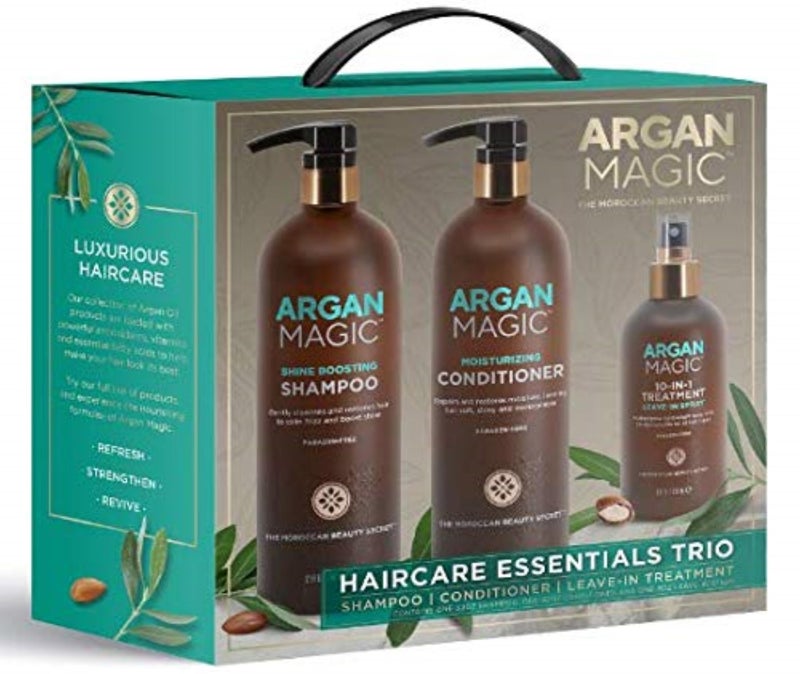 ARGAN MAGIC Hair Care Essentials Trio Shine Boosting Shampoo Moisturizing Conditioner 10 in 1 Leave in Spray Restores Shine Elasticity Hydrates Detangles Made in USA 32 oz 8 oz