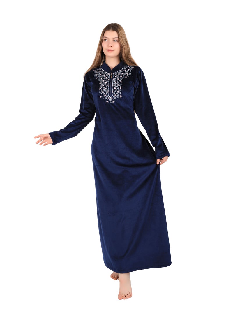 دعدوش  قميص نوم نسائي طويل بتطريز أنيق، عباءة حريمي قطيفة شتوية من دعدوش ,ثوب بيتي ماكسي محتشم للنساء - Image 1