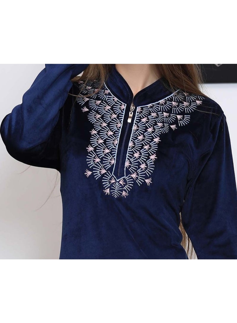 دعدوش  قميص نوم نسائي طويل بتطريز أنيق، عباءة حريمي قطيفة شتوية من دعدوش ,ثوب بيتي ماكسي محتشم للنساء - Image 4