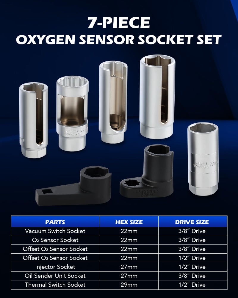 Orion Motor Tech مجموعة مفاتيح استشعار الأكسجين من أوريون موتور تكنولوجي 7 قطع، مجموعة إزالة مستشعر الأكسجين، مجموعة مفاتيح استشعار ضغط الزيت مع مفاتيح 22 مم و27 مم و29 مم، محركات 1/2" و3/8"، أدوات إزالة مستشعر ضغط الزيت الحراري للأكسجين. - Image 2