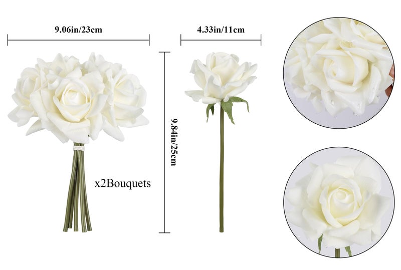 IPOPU White Roses Artificial Flowers,2 Bouquets 10PCS Real Touch Faux Roses with Stems for Wedding Party Home Table Centerpieces Decoration(White) - Image 2