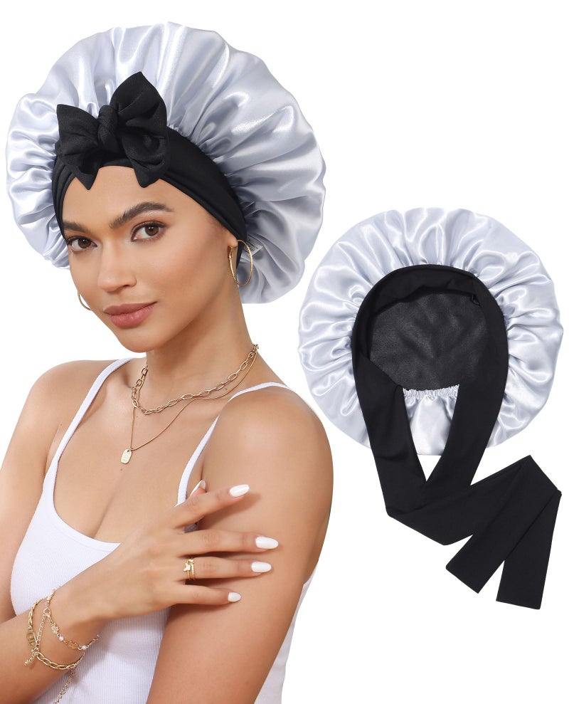 CHLINS Satin Bonnet Silk Bonnet for Sleeping Silk Sleep Cap Double Layer Hair Bonnet with Elastic Tie Band for Curly Hair Night Cap - Image 1