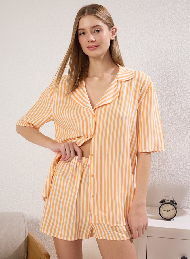 trendyol Orange Striped Viscose Top Wide Cut Shorts Woven Pajama Set  - Image 1