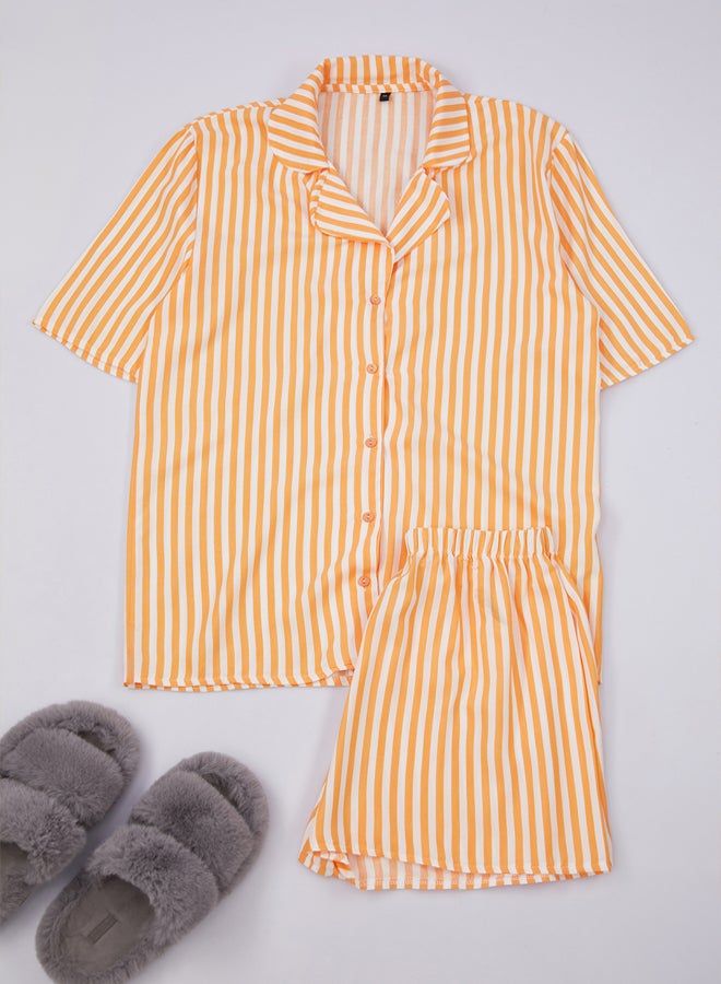 trendyol Orange Striped Viscose Top Wide Cut Shorts Woven Pajama Set  - Image 5