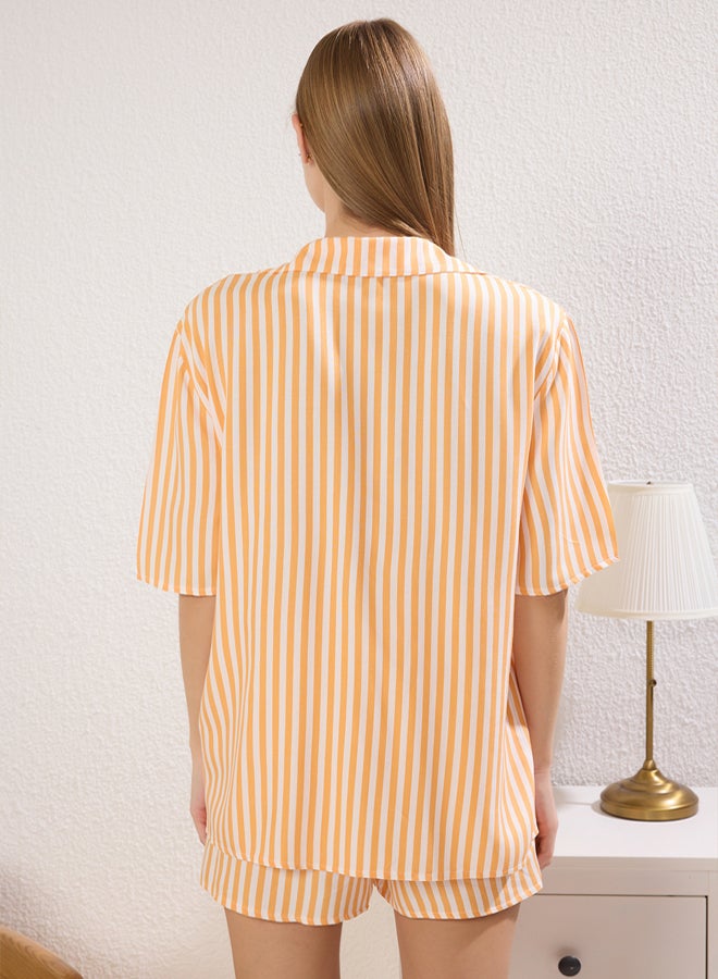 trendyol Orange Striped Viscose Top Wide Cut Shorts Woven Pajama Set  - Image 4