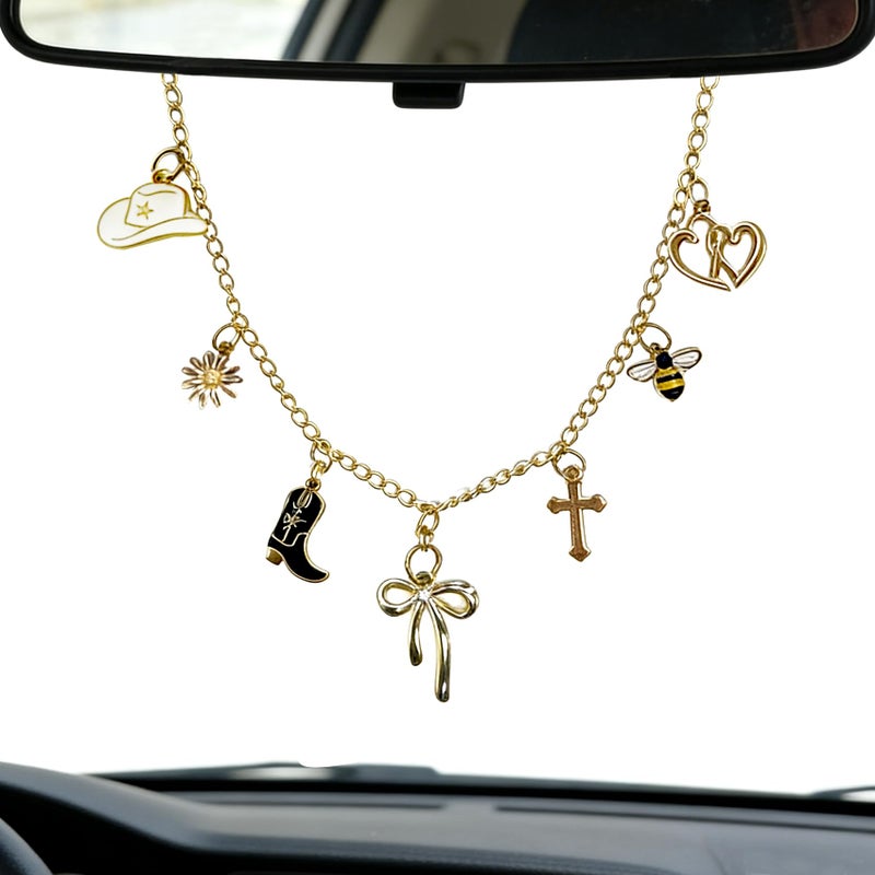 DoYoMo Rearview Mirror Charm for Car,Gold Car Hanging Accessories with Cross Western Cowgirl Sunflower Bee Heart Bow Gifts Cars Decor,Christian Faith Car Accessories Decor,Religion Gifts for Drivers - Image 1