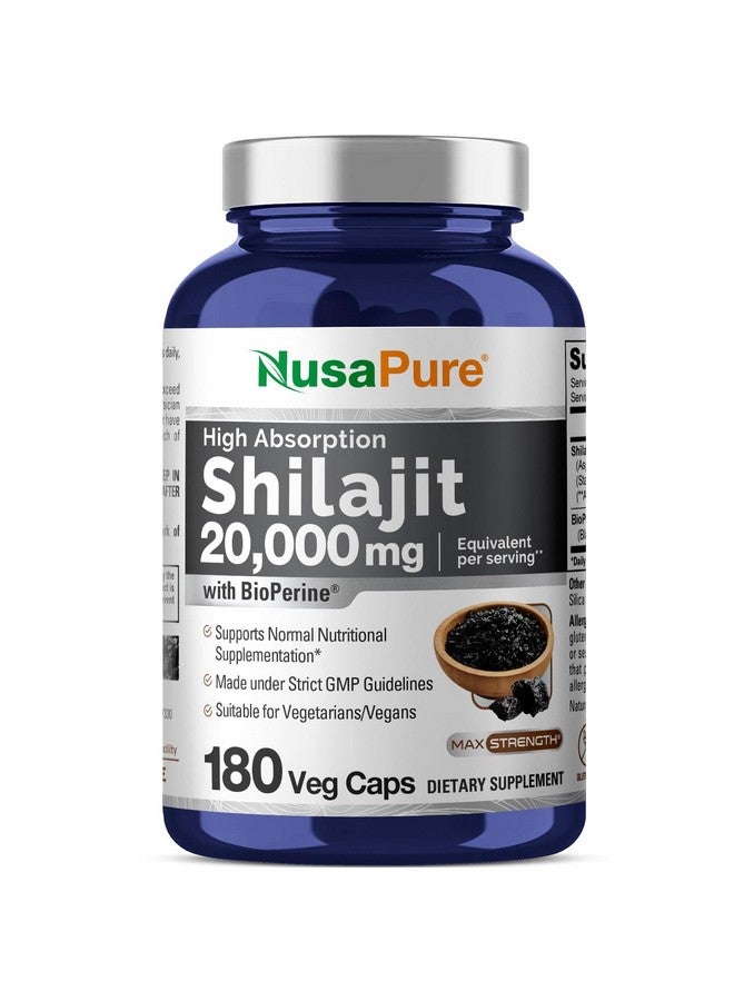 NusaPure نوسابور شيلاجيت 20,000 ملغ لكل حصة، 180 كبسولة نباتية، غير معدلة وراثيًا، خالية من الغلوتين، بيوبيرين - Image 1