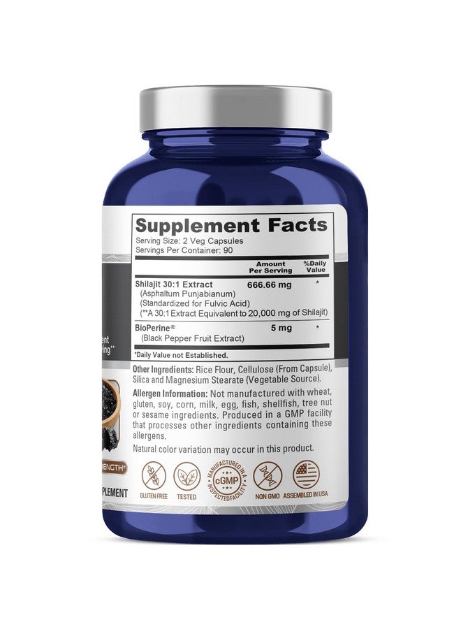 NusaPure نوسابور شيلاجيت 20,000 ملغ لكل حصة، 180 كبسولة نباتية، غير معدلة وراثيًا، خالية من الغلوتين، بيوبيرين - Image 2