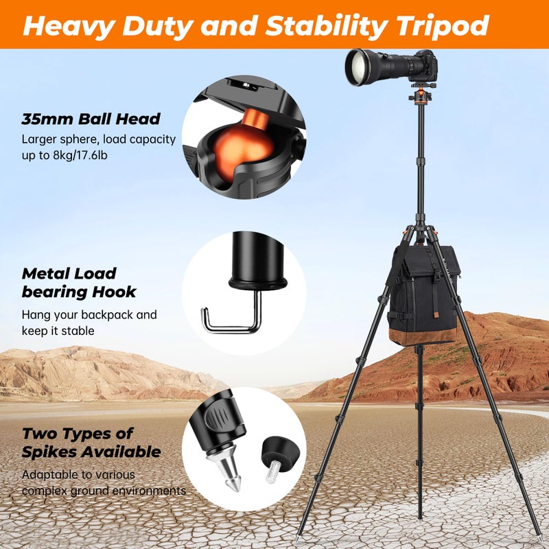 Victiv 78.7"/200cm Camera Tripod, Lightweight Travel Tripod with Monopod for Cameras, 360° Panoramic Ball Head DSLR Tripod for Canon Sony Nikon, Aluminum Camera Stand Max Load 17.6lb/8kg - Image 2