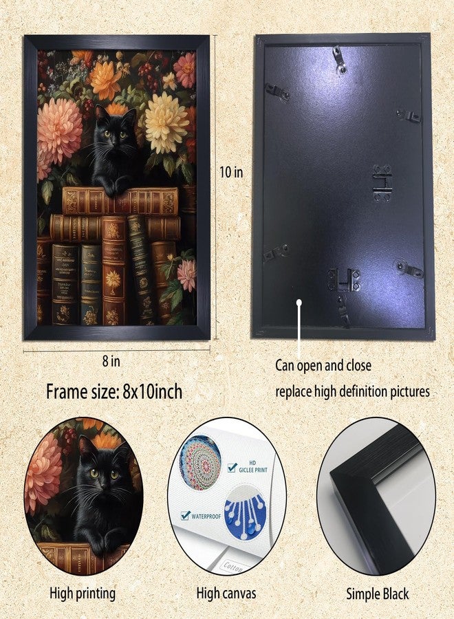 Yostyle Vintage Black Cat Books Floral Framed Wall Art Rustic Dark Academia aesthetic wall art for living room bathroom, 08x10in Frame Black Cat Wall Decor - Image 2