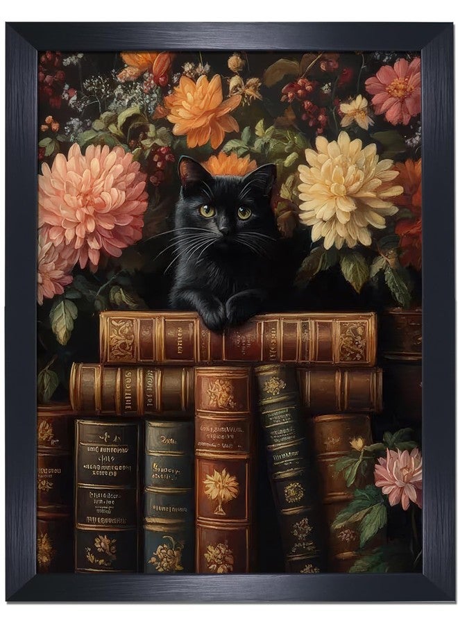 Yostyle Vintage Black Cat Books Floral Framed Wall Art Rustic Dark Academia aesthetic wall art for living room bathroom, 08x10in Frame Black Cat Wall Decor - Image 1