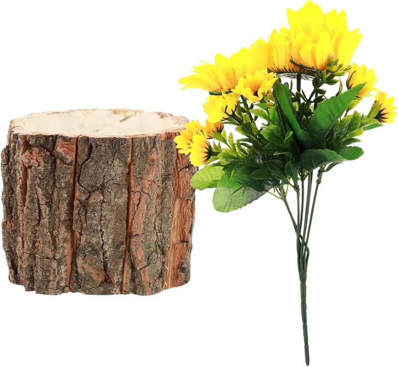 ABOOFAN Fake Sunflower Potted Plant with Bark Planter, Simulation Bonsai Desktop Decor for Home Office Indoor Tabletop, Artificial Flower Arrangement for Farmhouse Shelf - Image 1