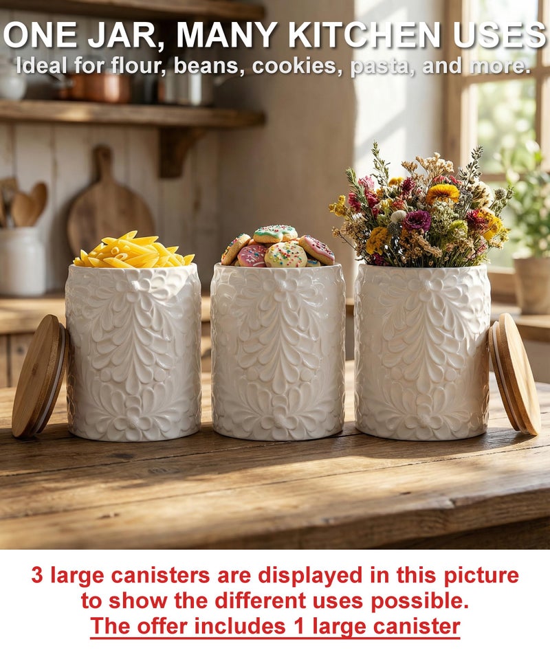 25DOL XXL 94 Oz Engraved Ceramic Kitchen Canister - Storage Jars with Airtight Lids Made from Bamboo with Nature-Inspired Engraving - Use as a Pasta Holder, Coffee Ground Holder, Rice Container, Candy Jar - Image 5