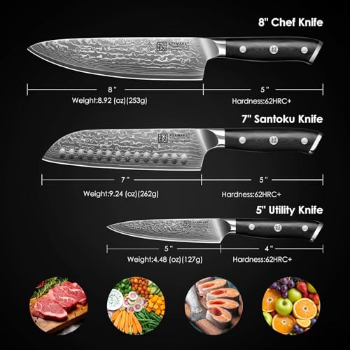 KEEMAKE Damascus Kitchen Knife Set, 3 PCS Japanese Knife Sets with Full Tang Ergonomic Handle, 67 Layers Damascus Chef Knives, Gift Box for Men Husband - Image 2