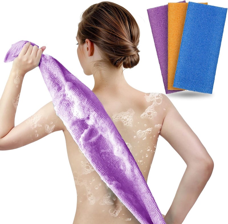 ARCH&M Exfoliating Washcloth Exfoliating Body Scrubber Back Scrubber for Shower Japanese Bath Wash Cloth Korean Exfoliating Luffah Towel Beauty Sponge Loofah Scrub 3 Pack (Orange Purple Navy-Blue) | Orange Purple Navy-Blue, Nylon Back Scrubber, Daily Use Deep Clean & Smooth Skin, More Hygienic Than Loofah - Image 1