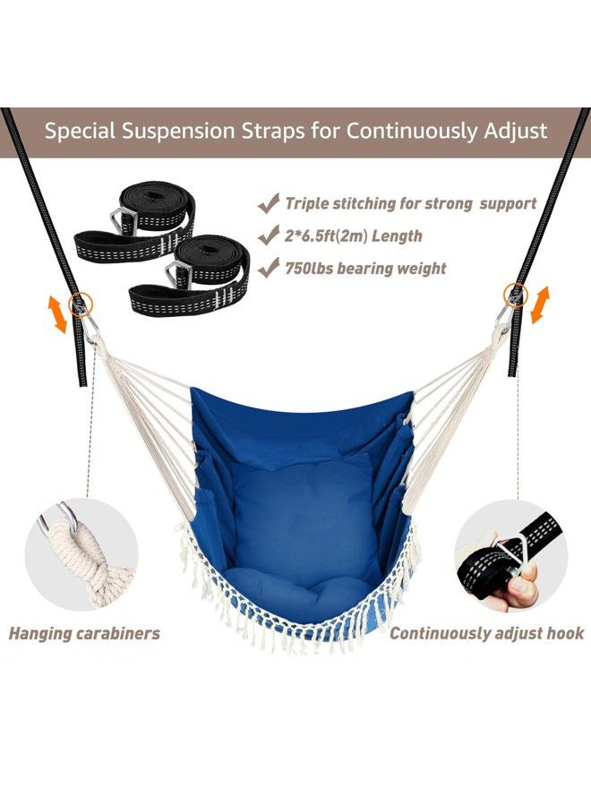 Chihee Hammock Chair Hanging Swing 2 Pillows Included,Strong Webbing Straps and Hooks for Easy Hanging Soft Cotton Hanging Chair Side Pocket Tassel Chair Comfort Indoor Outdoor Royal Blue - Image 5