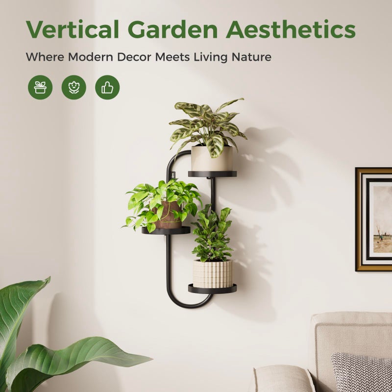 Laposso Wall Plant Holder 3 Tier Window Plant Shelves Metal Plant Wall Hanger for Indoor Plants Hanging Small Wall Shelf Living Room Balcony Black - Image 2