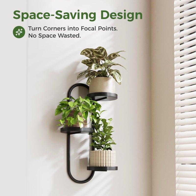 Laposso Wall Plant Holder 3 Tier Window Plant Shelves Metal Plant Wall Hanger for Indoor Plants Hanging Small Wall Shelf Living Room Balcony Black - Image 3