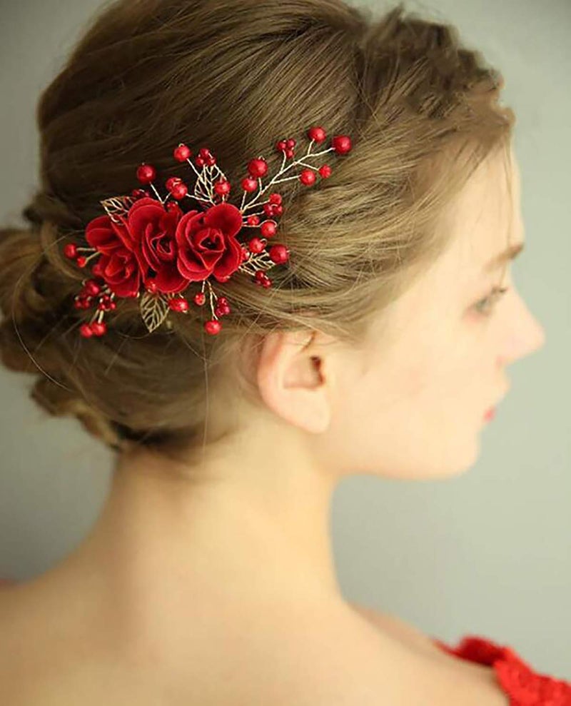 Chargances Bride Floral Hair Comb Rhinestone Hair Comb Wedding Red Hair Piece Boho Delicate Handmade Gold Jewelry Gift for Women and Girls