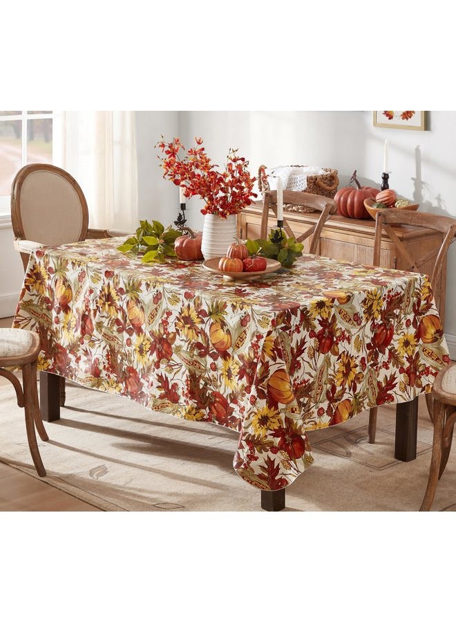 Newbridge Fall Days Bountiful Harvest Vinyl Flannel Backed Tablecloth - Autumn Leaves, Sunflowers, Corn, Berries and Pumpkin Print Easy Care Thanksgiving Tablecloth, 60” x 84” Oblong/Rectangle - Image 1