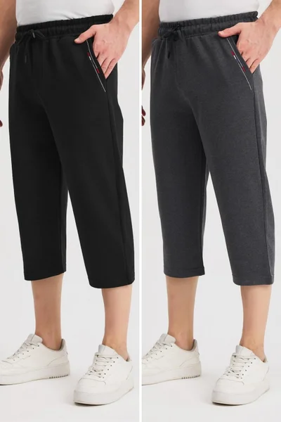 mmetalic Men's Side Pocket Black-Anthracite Bermuda Below Knee Capri Waist Adjustable Elastic 2-Pack Long Shorts