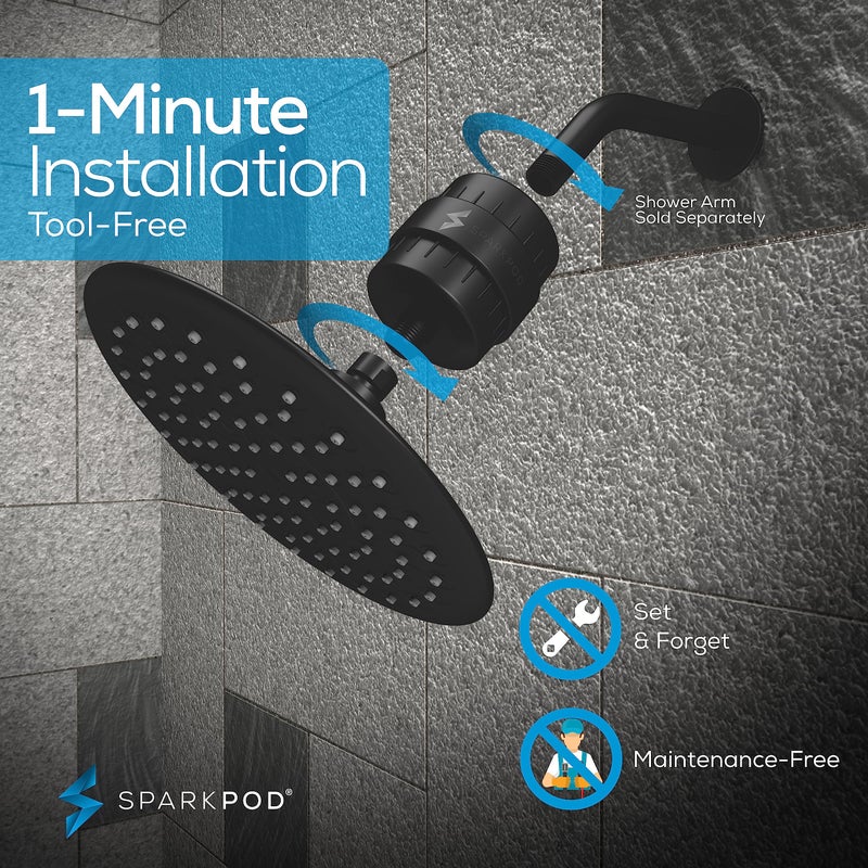 SparkPod Luxury Filtered Shower Head Set 23 Stage Shower Filter - Reduces Chlorine and Heavy Metals - High Pressure Showerhead Filter (9.5" Round, Midnight Black Matte) - Image 3