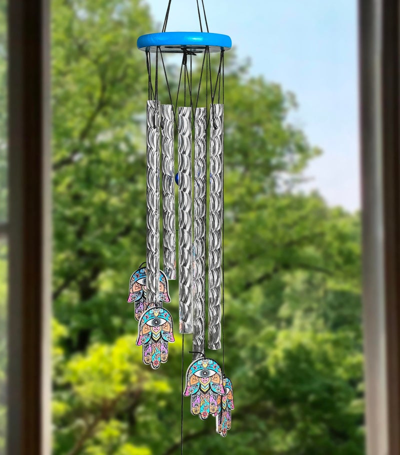 Hindcraft Decorative Items for Living Room, Wind Chimes for Balcony | 23-Inch Hamsa Hand Wind Chime with 5 Silver Pipes for Positive Energy | Wall Hanging for Indoor & Outdoor, Gift Items for Women - Image 4