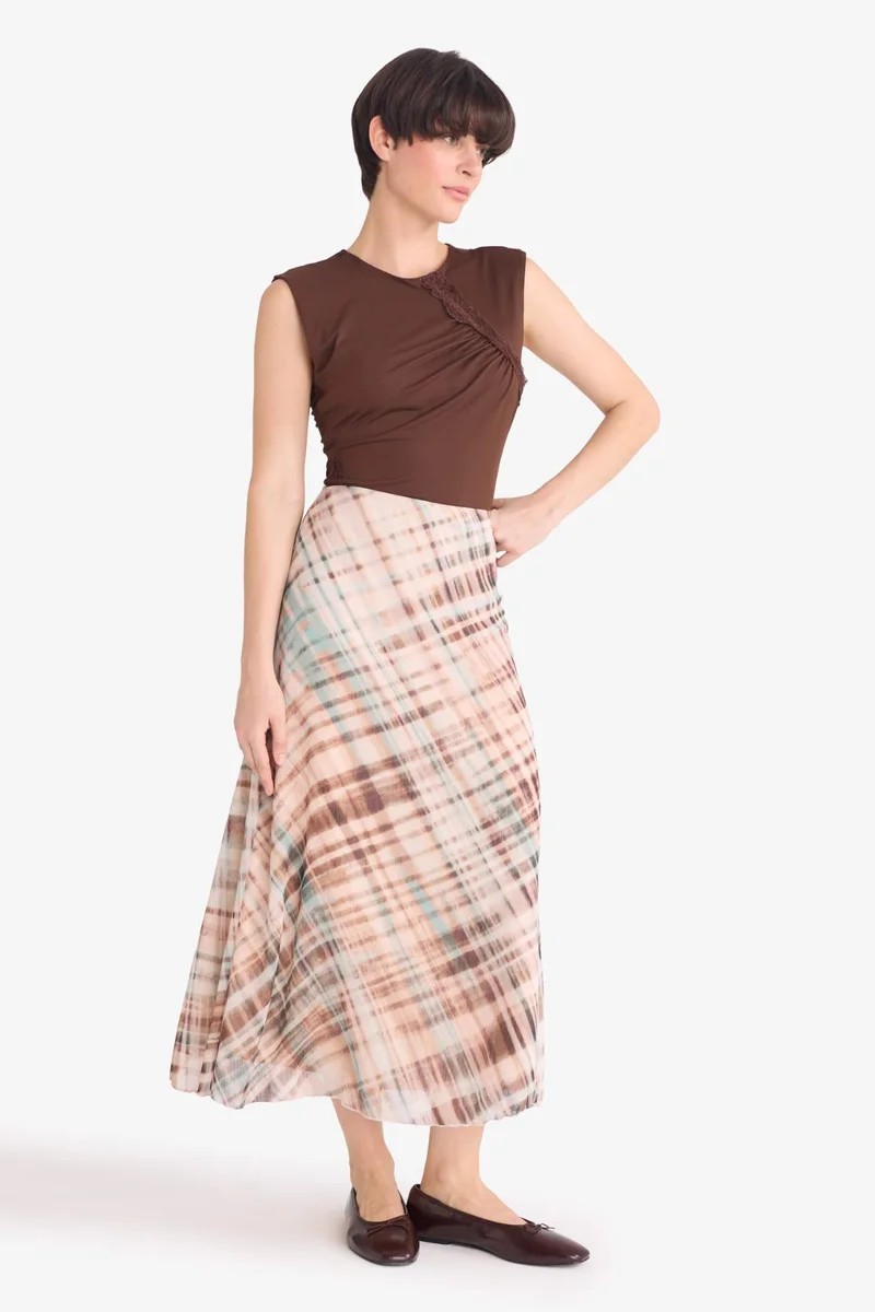 Defacto Pencil Skirt Printed Chiffon Lined Normal Waist Midi Skirt