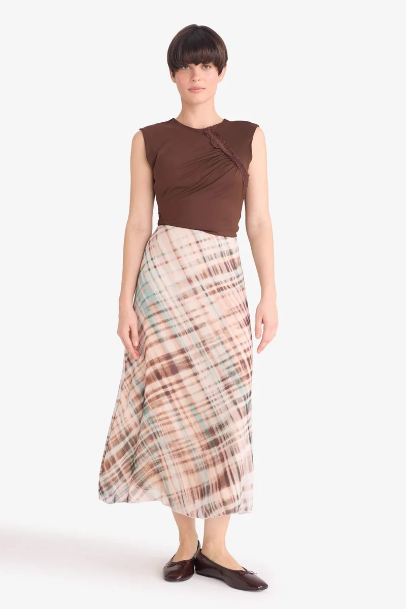 Defacto Pencil Skirt Printed Chiffon Lined Normal Waist Midi Skirt