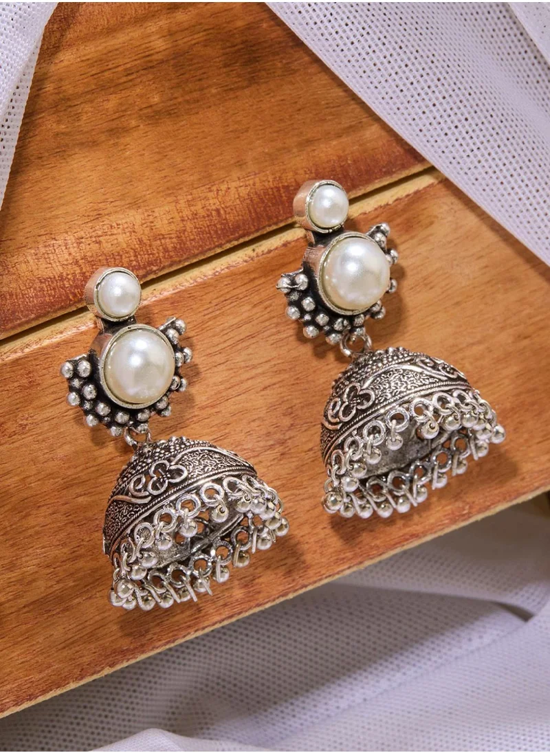 برياسي Dome Shaped Pearls Oxidised Jhumkas Earrings